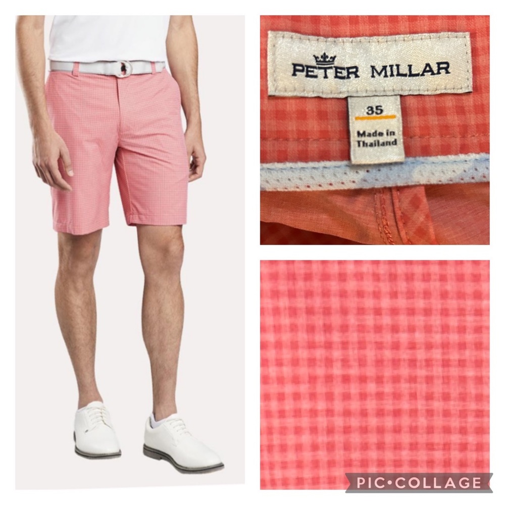 Peter Millar Shackleford Performance Hybrid Shorts Salmon Pink Gingham Size 35